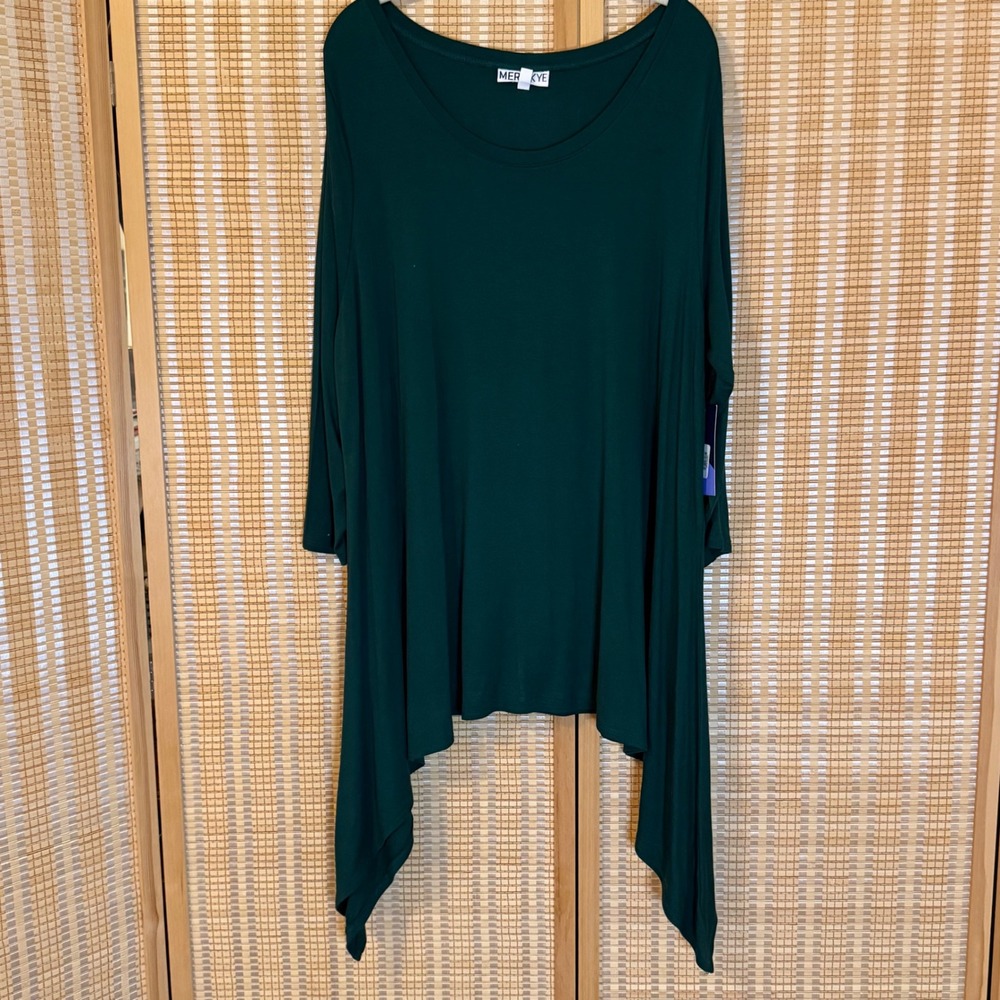 Meri Skye Womens 2X Forest Green Sharkbite Handkerchief Hem Long Sleeve Tunic
